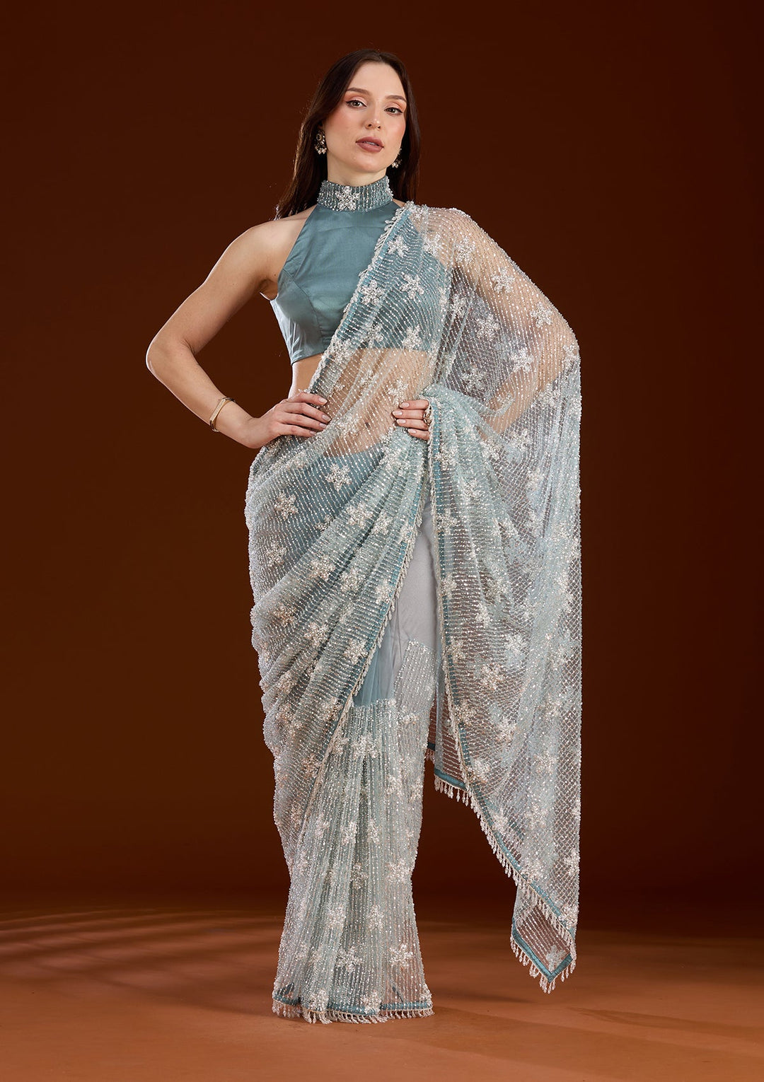 Sky Blue Sequins Net Saree