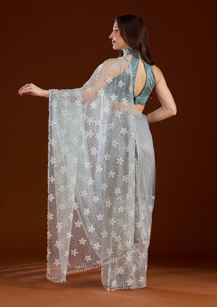 Sky Blue Sequins Net Saree