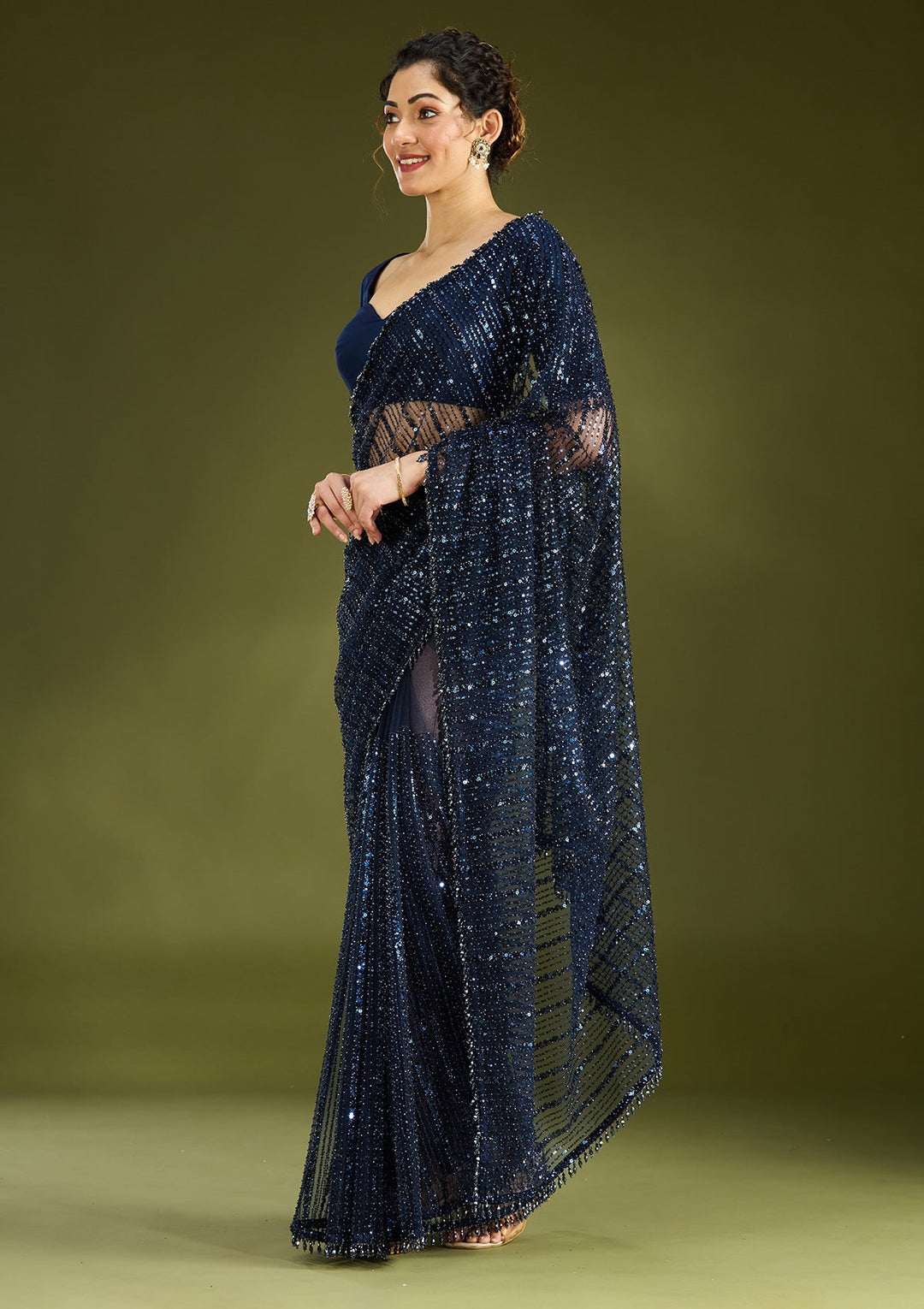 Navy Blue Sequins Net Saree