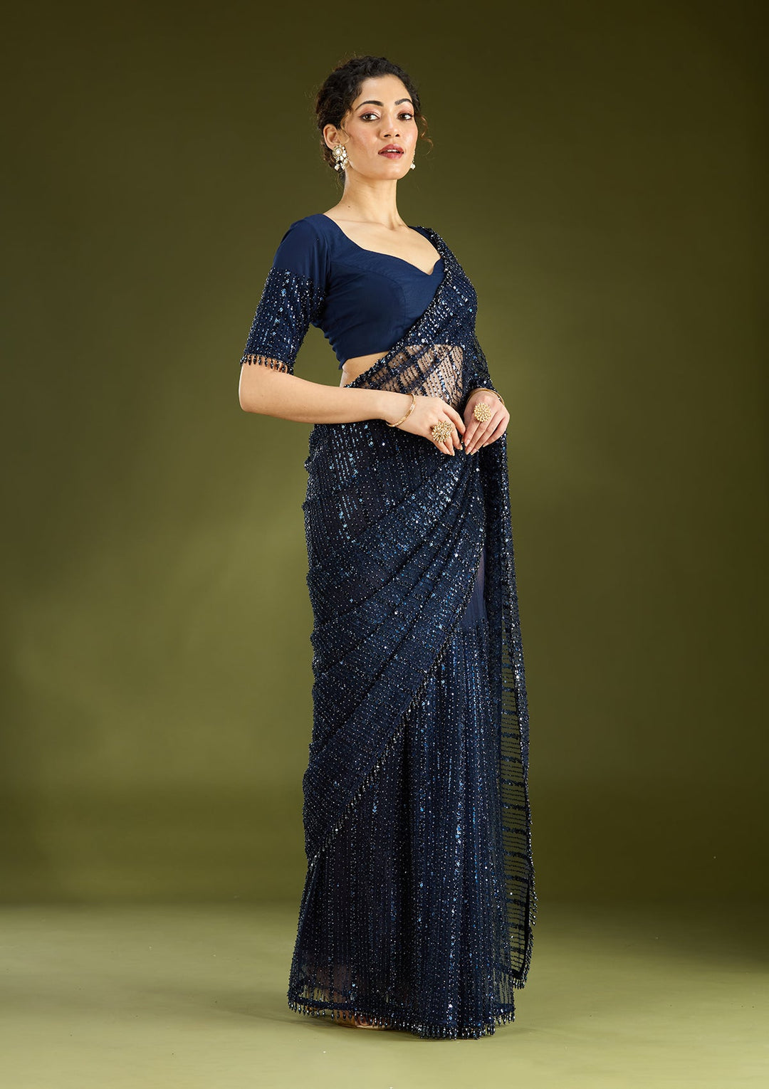Navy Blue Sequins Net Saree