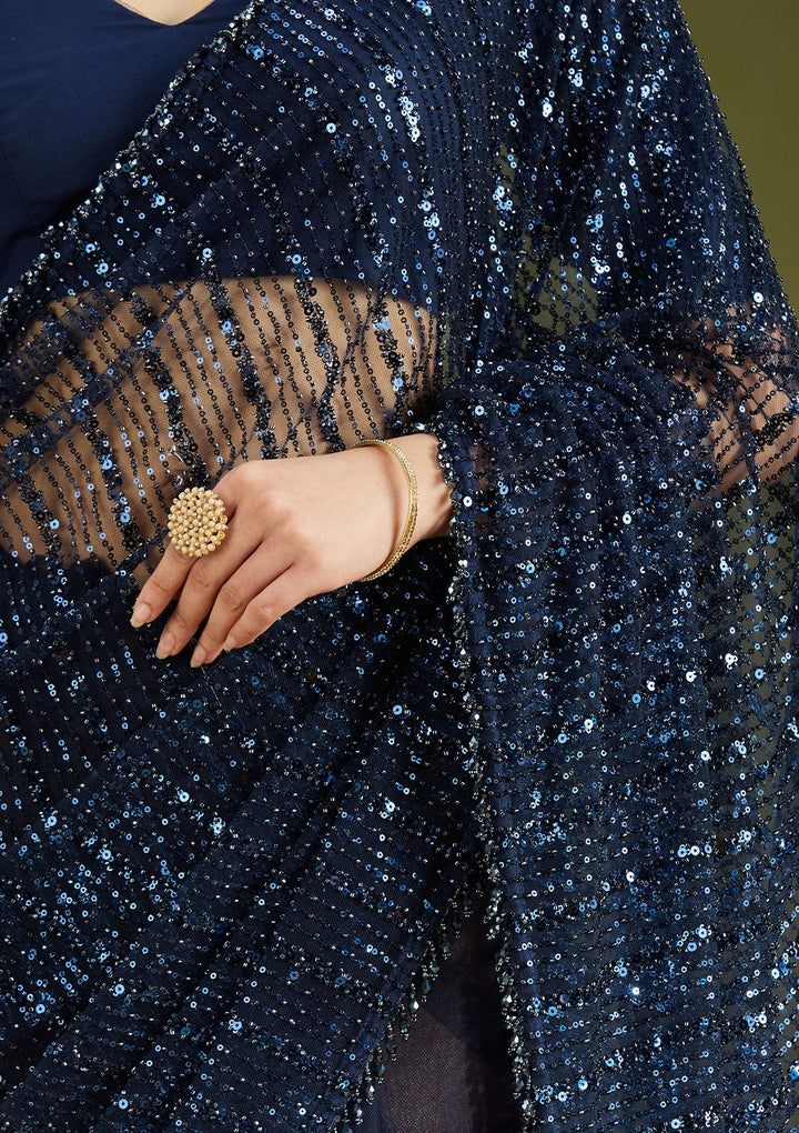 Navy Blue Sequins Net Saree