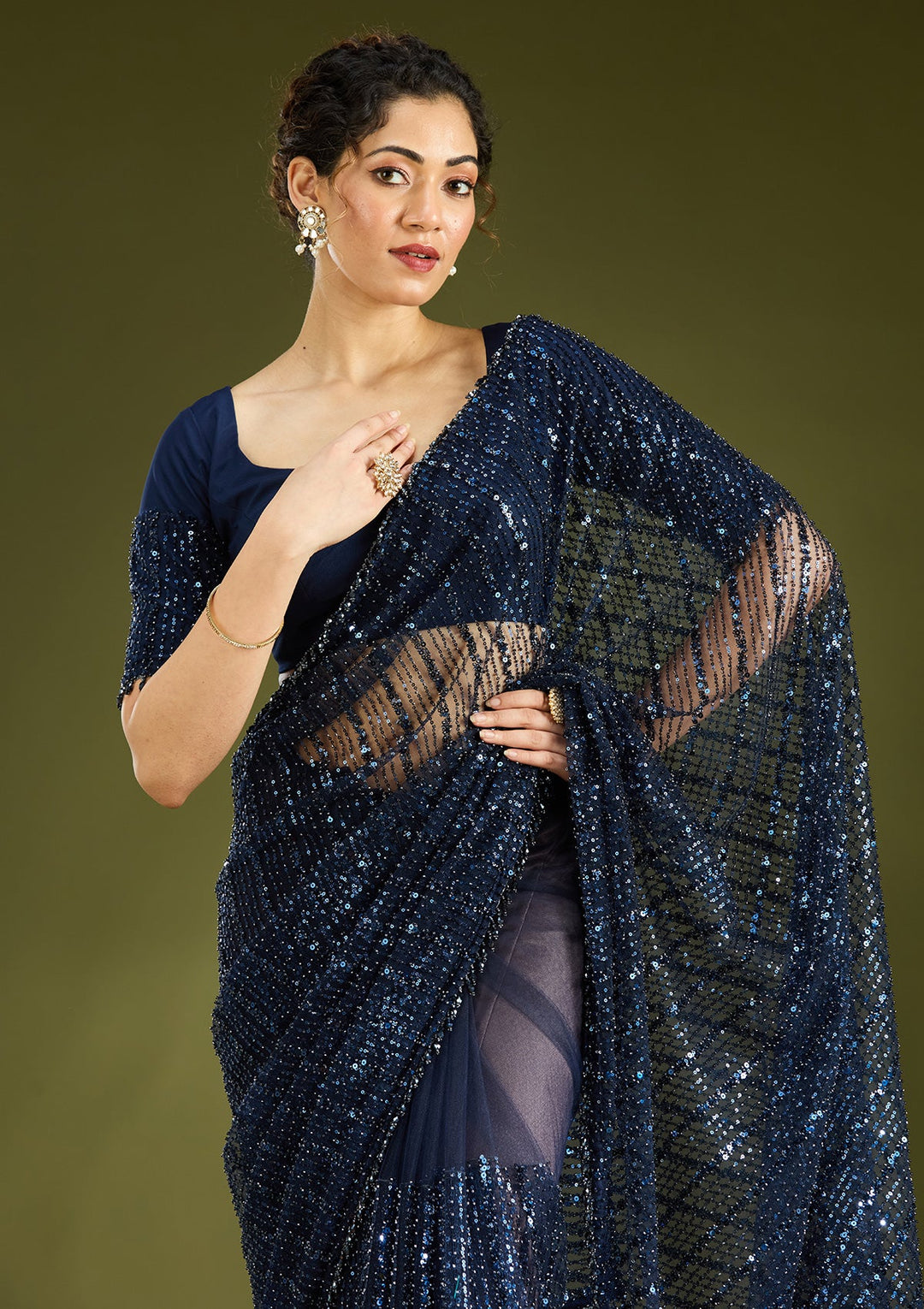 Navy Blue Sequins Net Saree