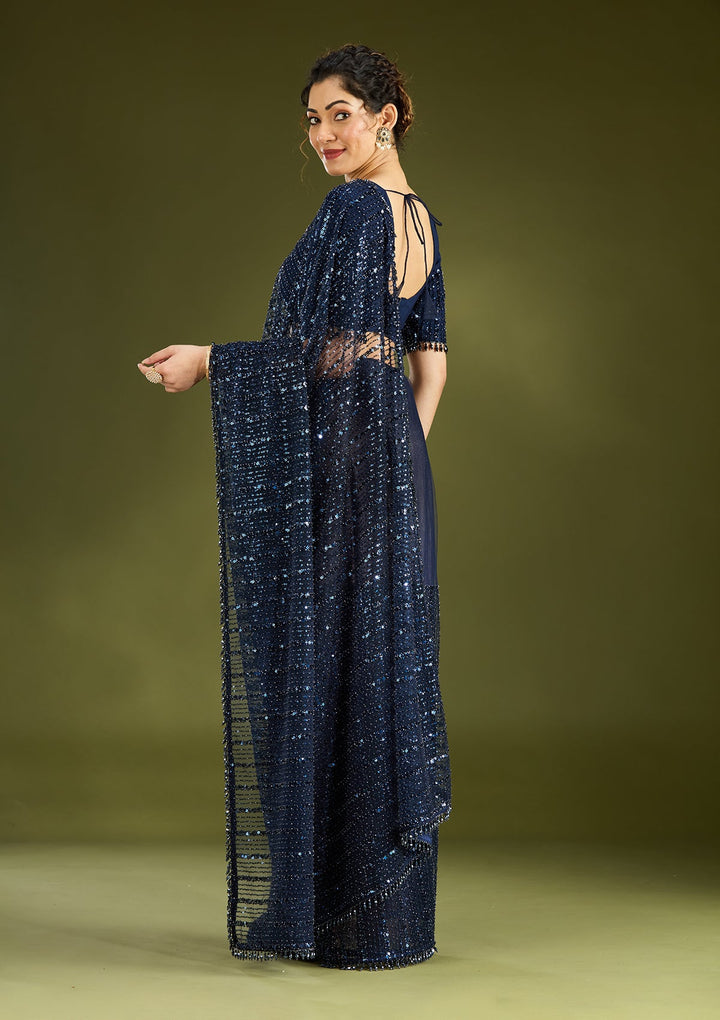 Navy Blue Sequins Net Saree