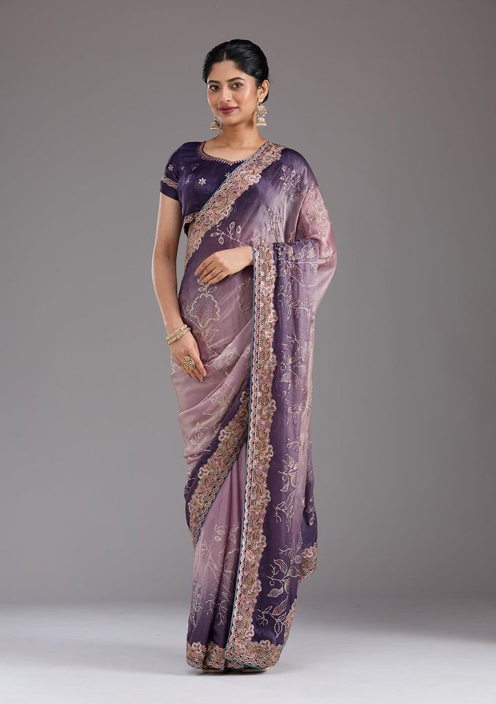 Purple Stonework (Gold) Tissue Saree_koskii