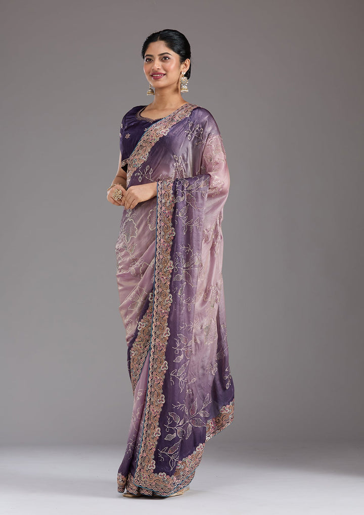 Purple Stonework (Gold) Tissue Saree_koskii