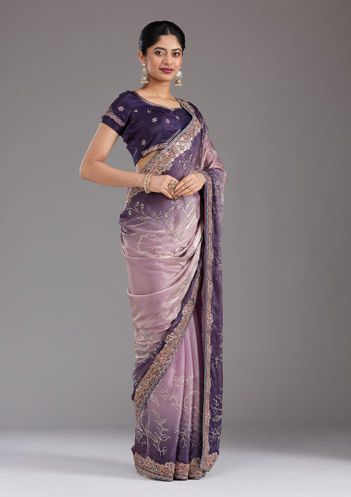Purple Stonework (Gold) Tissue Saree_koskii