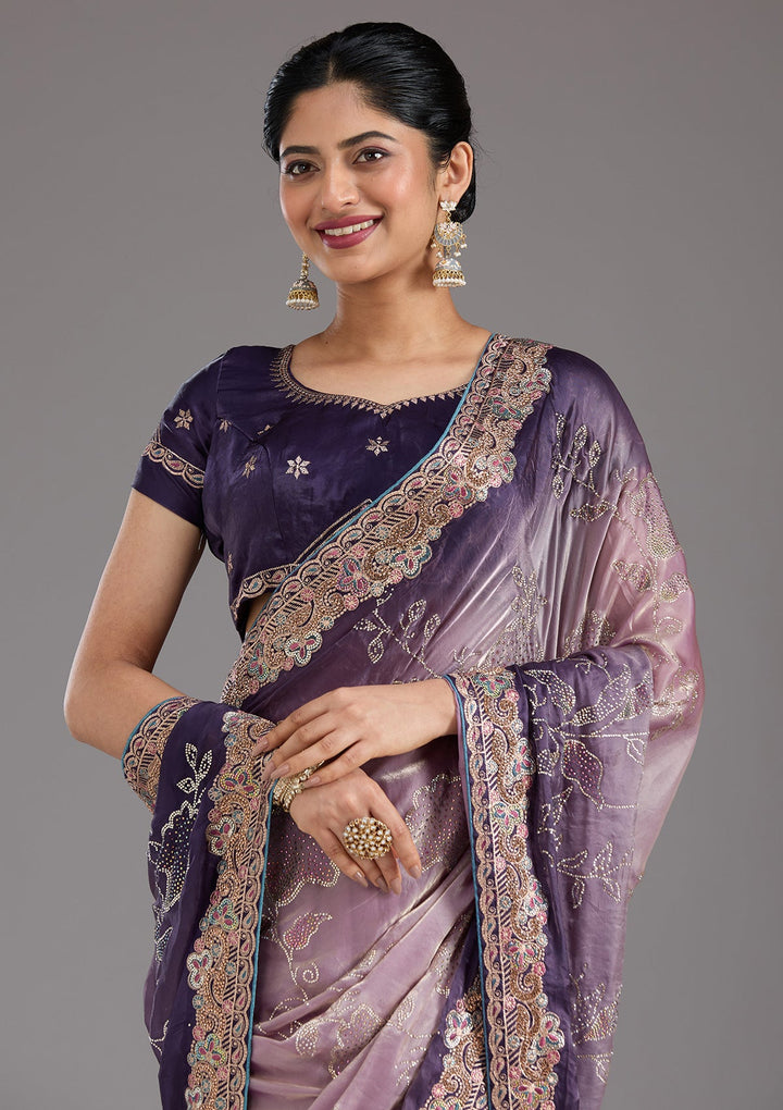 Purple Stonework (Gold) Tissue Saree_koskii