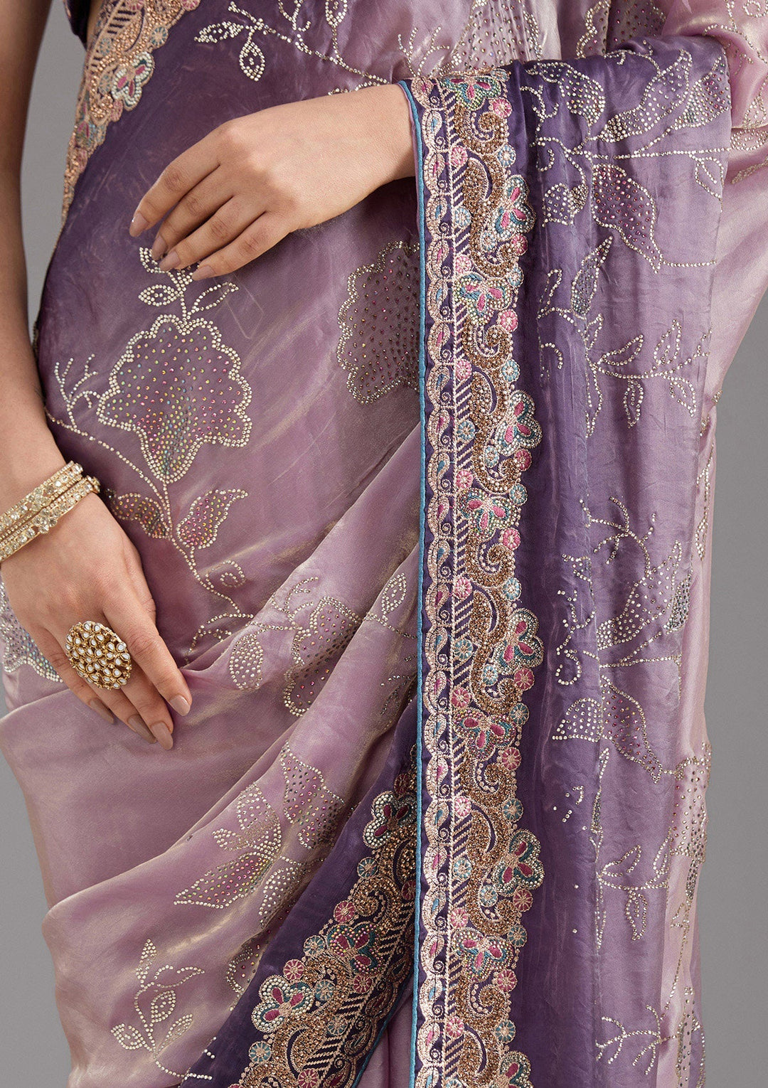 Purple Stonework (Gold) Tissue Saree_koskii