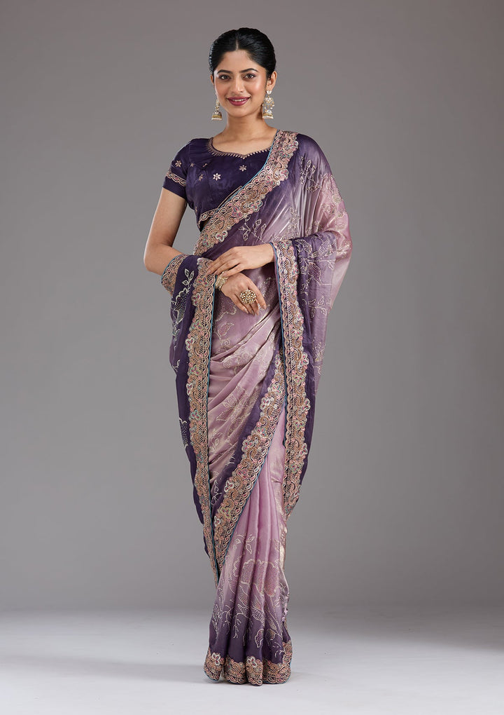 Purple Stonework (Gold) Tissue Saree_koskii