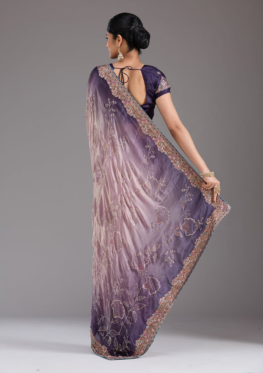 Purple Stonework (Gold) Tissue Saree_koskii
