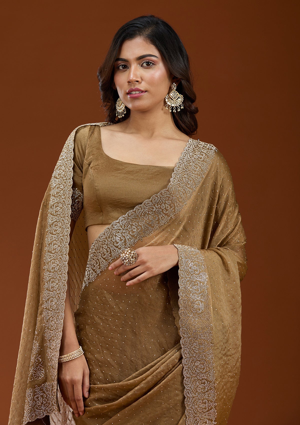 Brown Zariwork (Gold) Georgette Saree_koskii