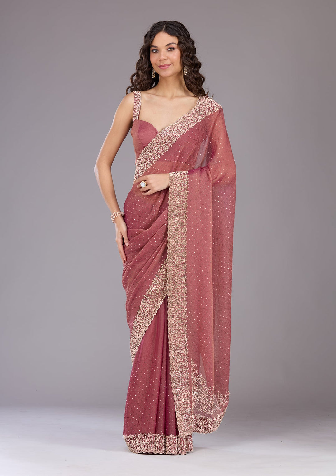 Onion Pink Zariwork (Gold) Georgette Saree