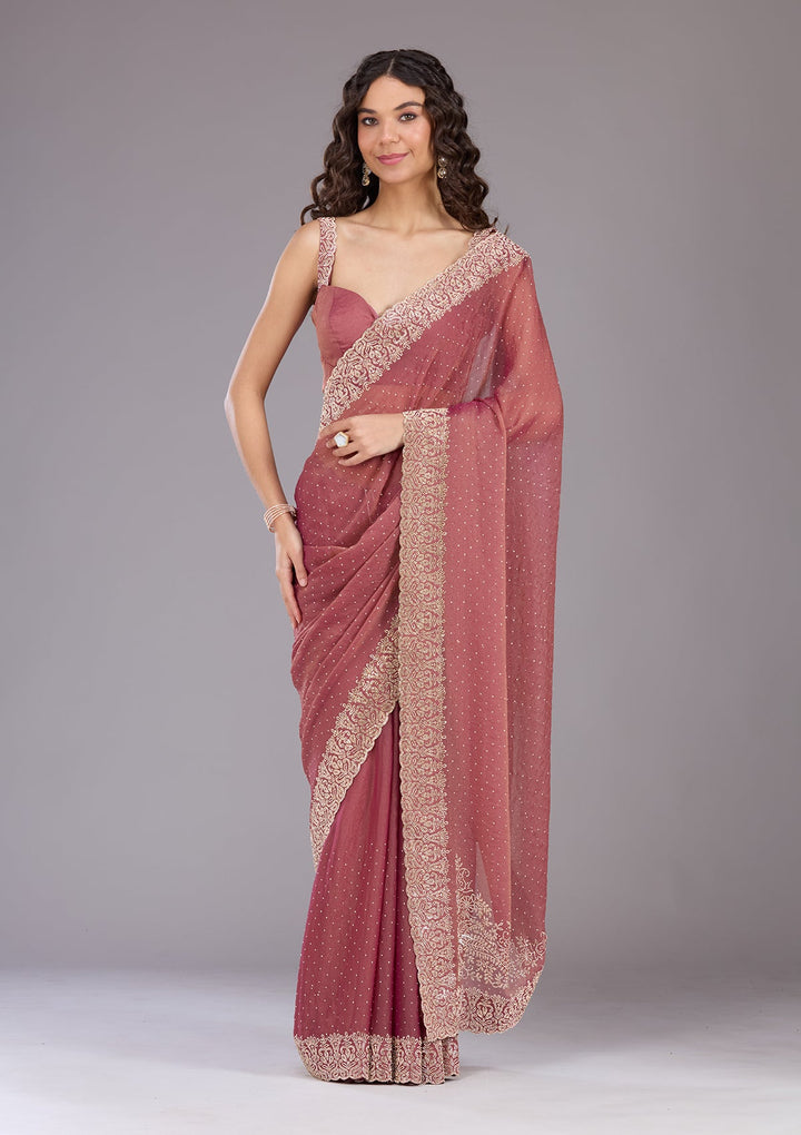 Onion Pink Zariwork (Gold) Georgette Saree