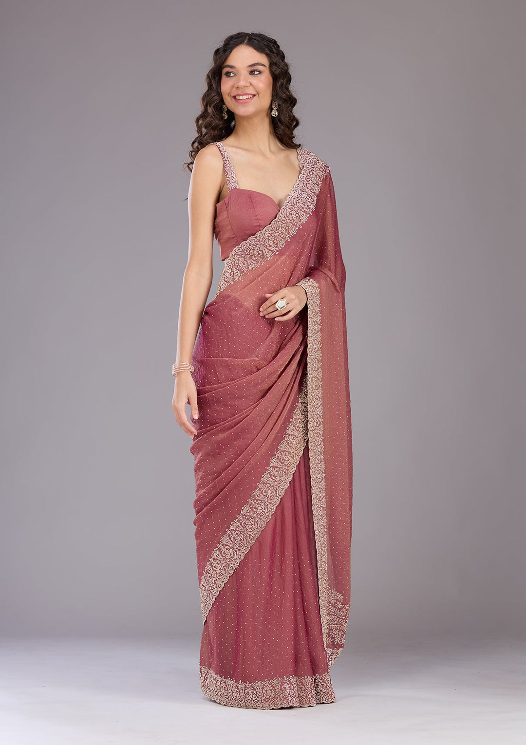 Onion Pink Zariwork (Gold) Georgette Saree