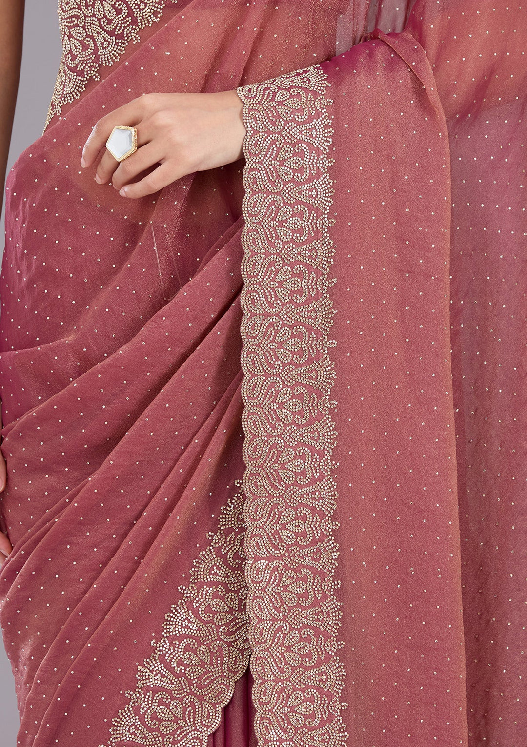 Onion Pink Zariwork (Gold) Georgette Saree