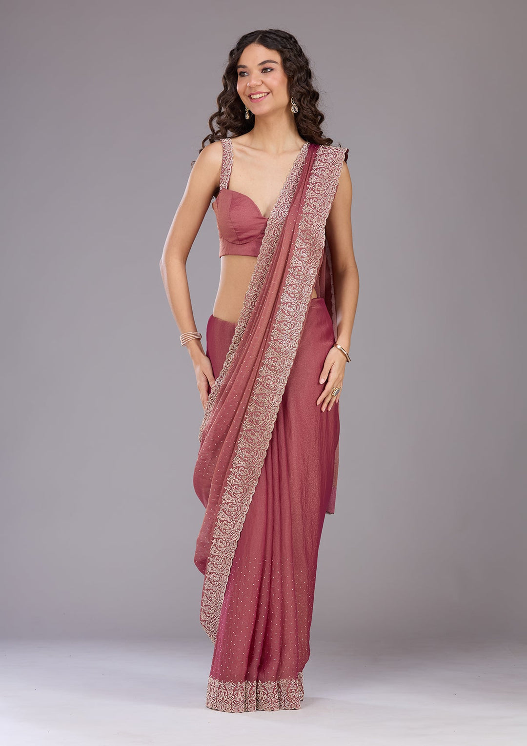 Onion Pink Zariwork (Gold) Georgette Saree
