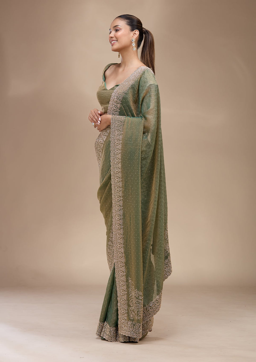 Sea Green Zariwork (Gold) Georgette Saree
