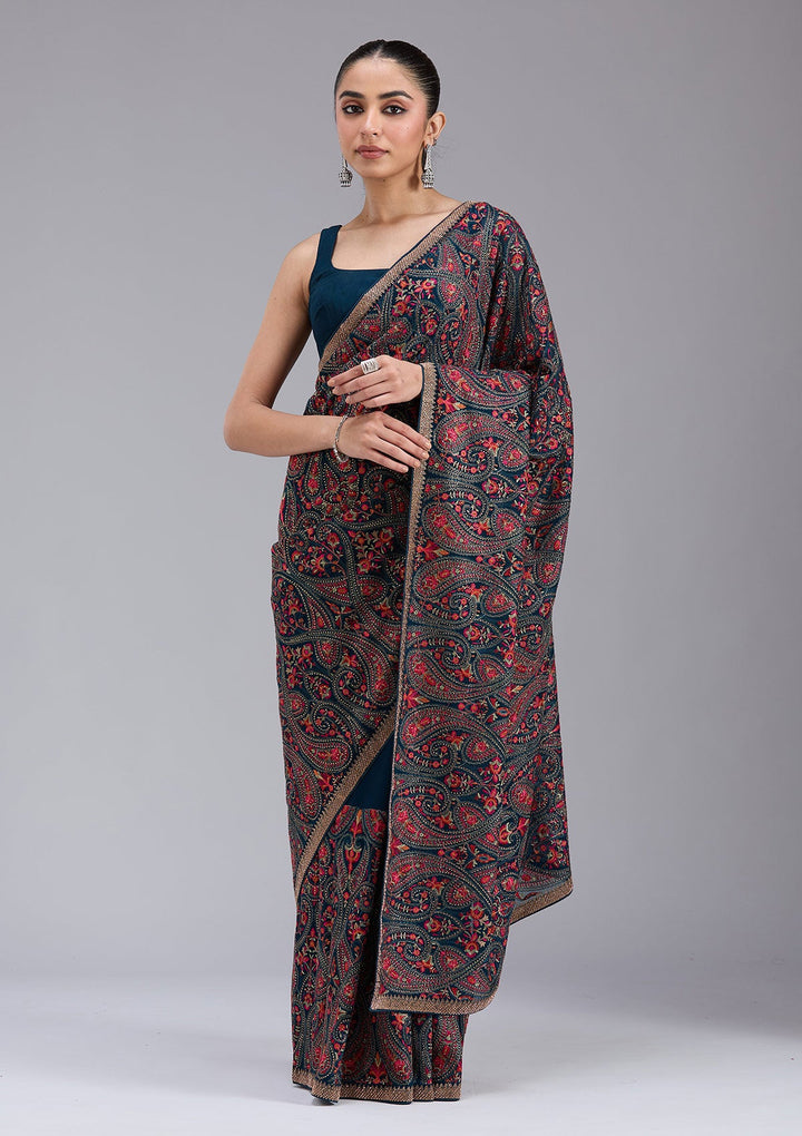 Peacock Blue Stonework (Gold) Georgette Saree_koskii