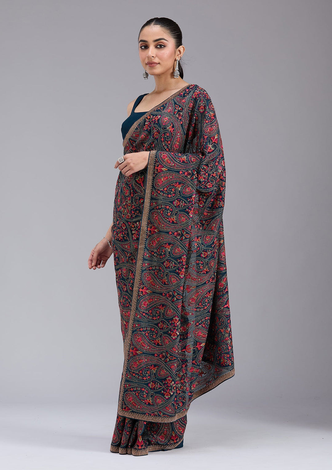 Peacock Blue Stonework (Gold) Georgette Saree_koskii