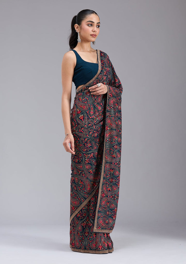 Peacock Blue Stonework (Gold) Georgette Saree_koskii