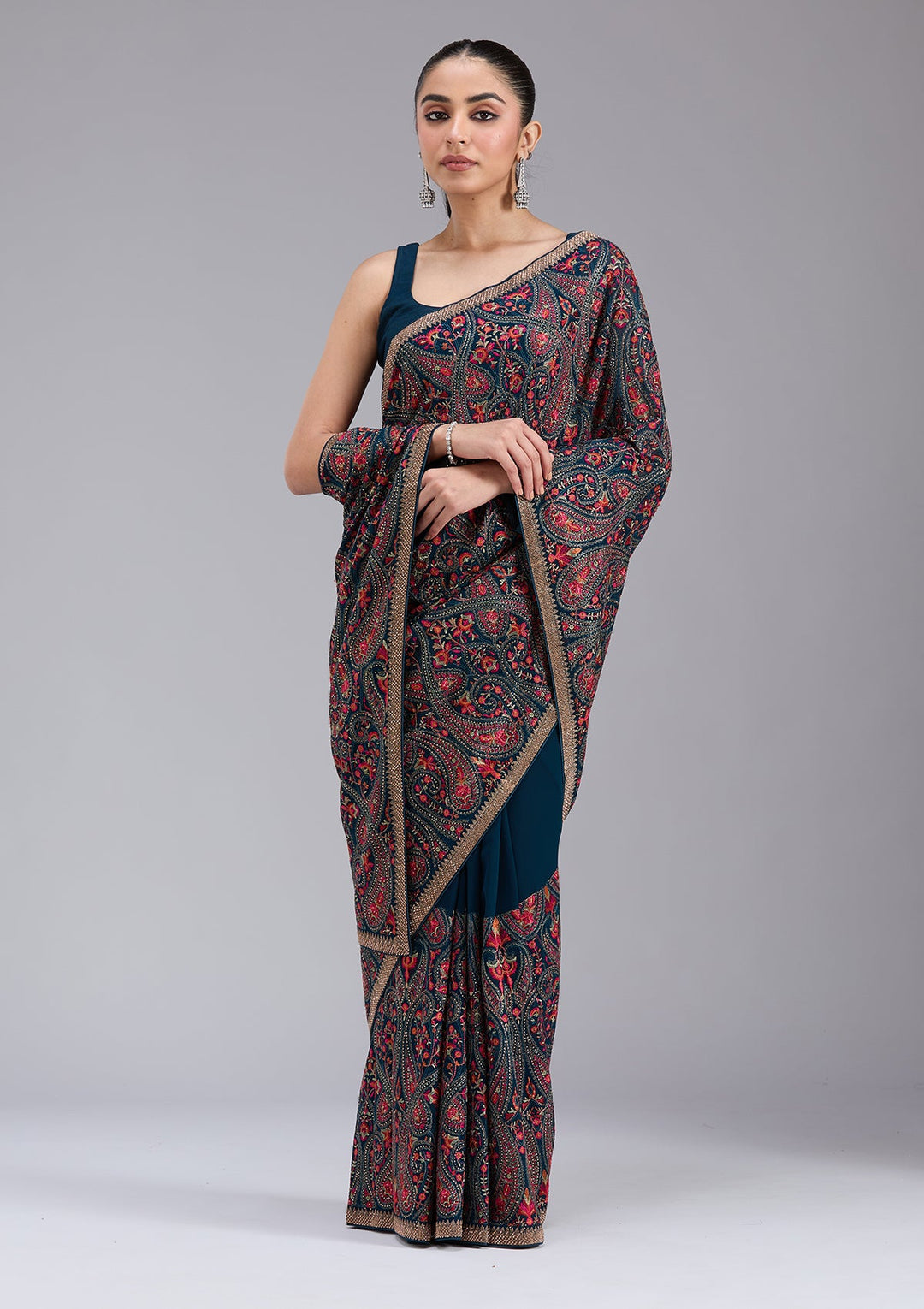 Peacock Blue Stonework (Gold) Georgette Saree_koskii