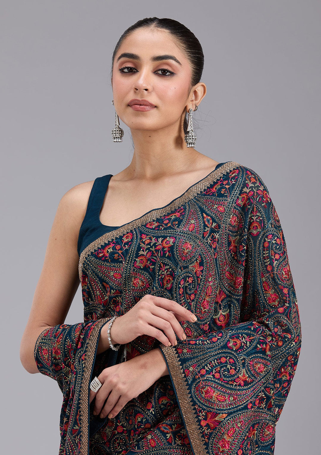 Peacock Blue Stonework (Gold) Georgette Saree_koskii