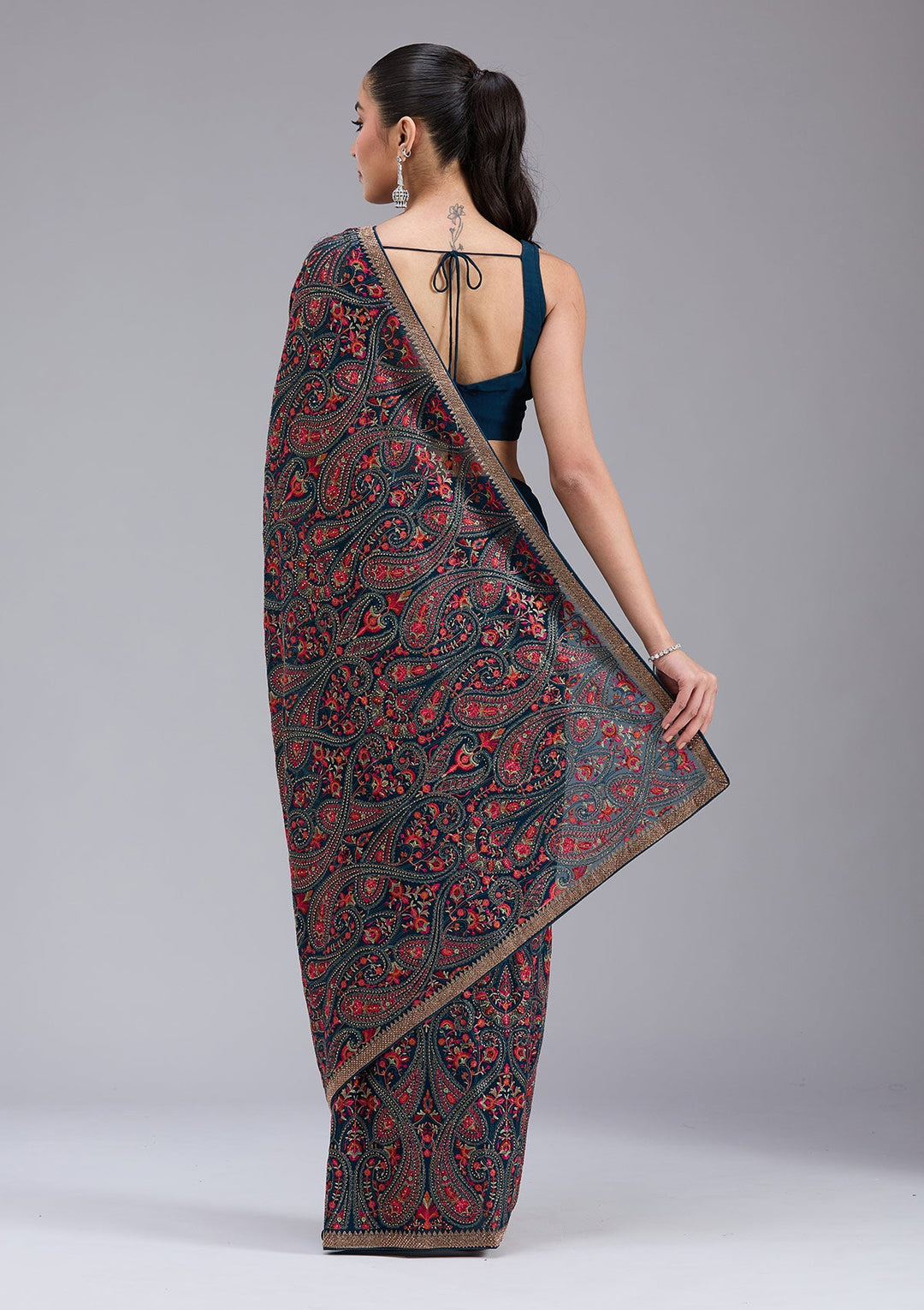 Peacock Blue Stonework (Gold) Georgette Saree_koskii