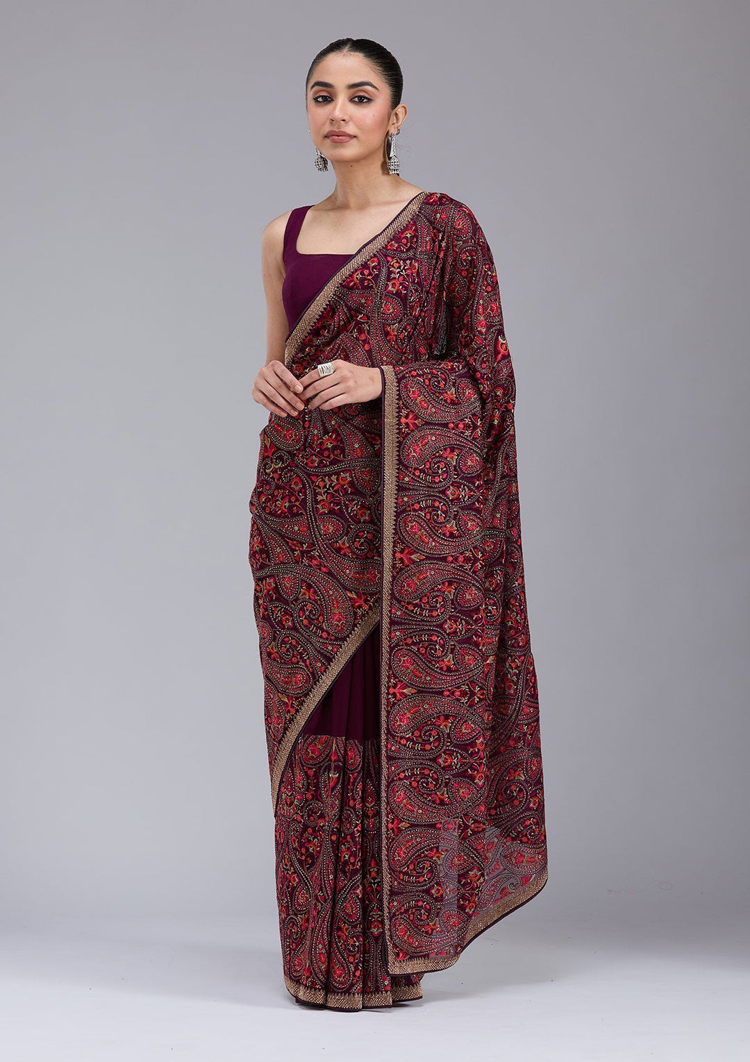 Wine Kashmiri Georgette Saree_koskii