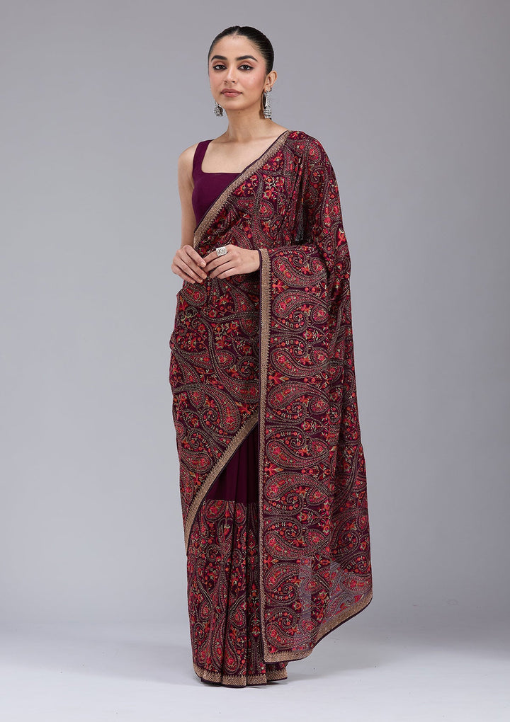 Wine Kashmiri Georgette Saree_koskii