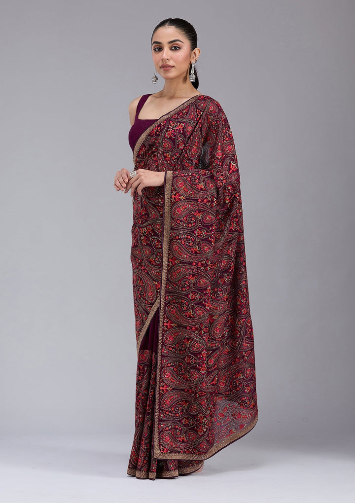Wine Kashmiri Georgette Saree_koskii
