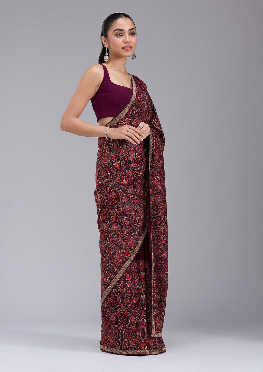 Wine Kashmiri Georgette Saree_koskii