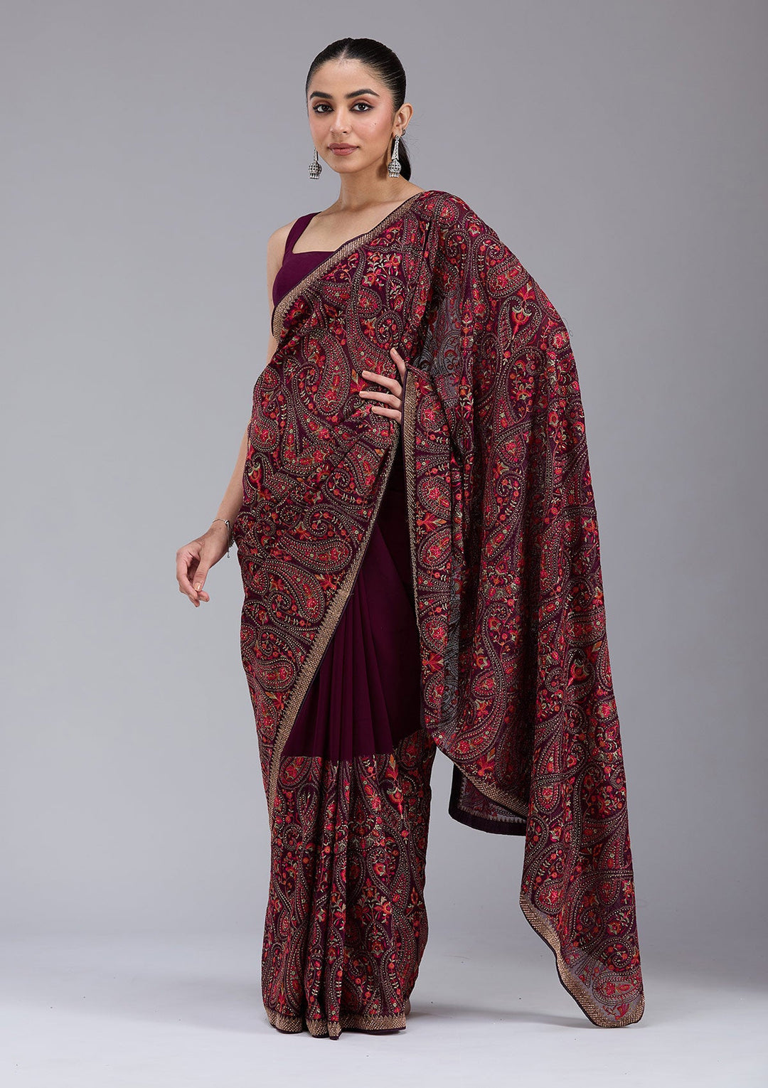 Wine Kashmiri Georgette Saree_koskii