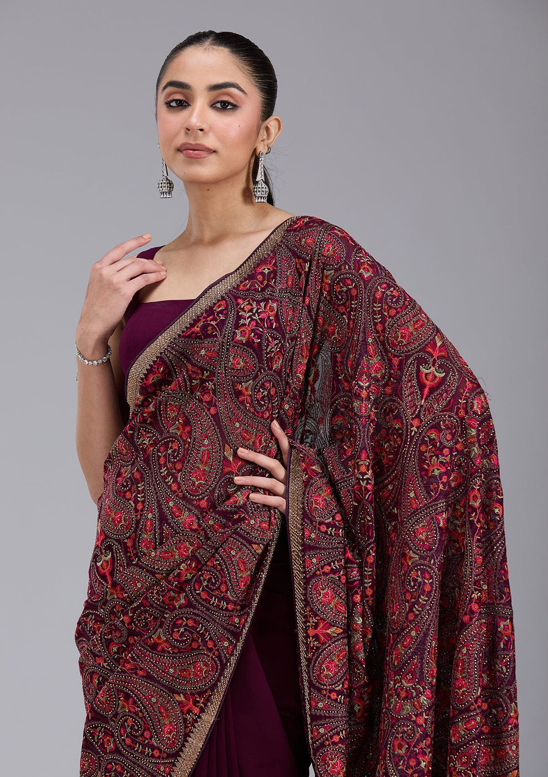 Wine Kashmiri Georgette Saree_koskii