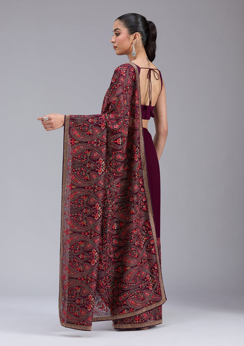 Wine Kashmiri Georgette Saree_koskii