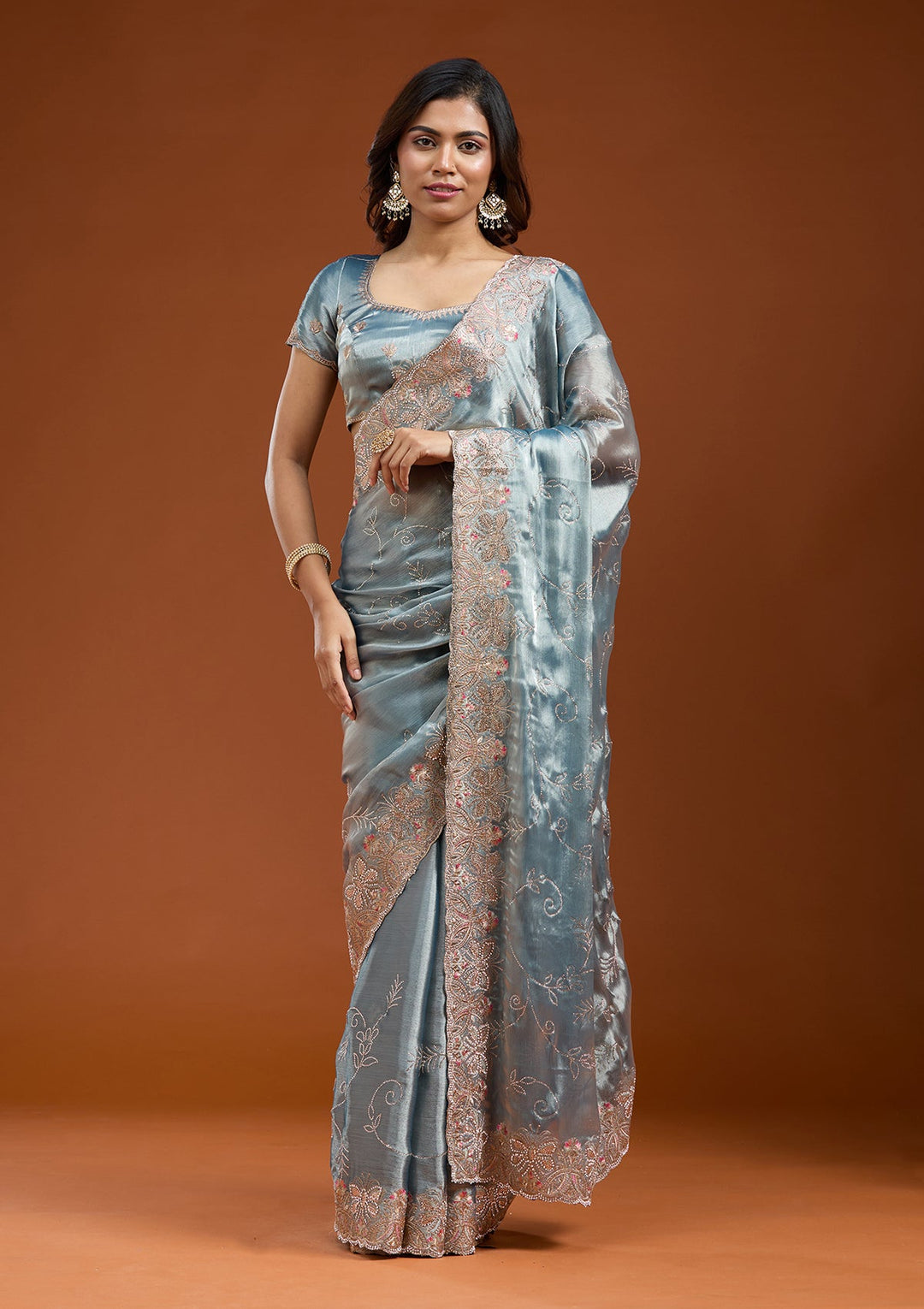 Grey Stonework (Gold) Organza Saree_koskii