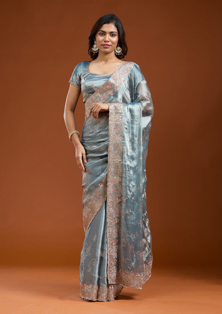 Grey Stonework (Gold) Organza Saree_koskii