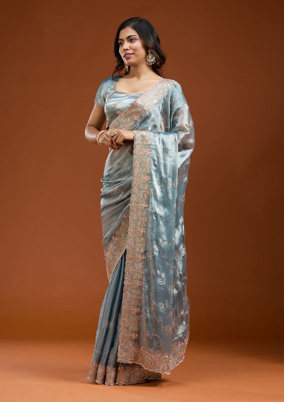 Grey Stonework (Gold) Organza Saree_koskii