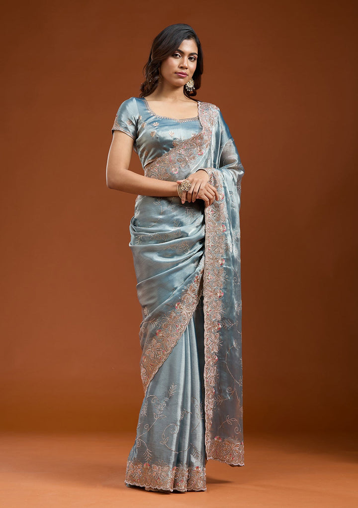 Grey Stonework (Gold) Organza Saree_koskii