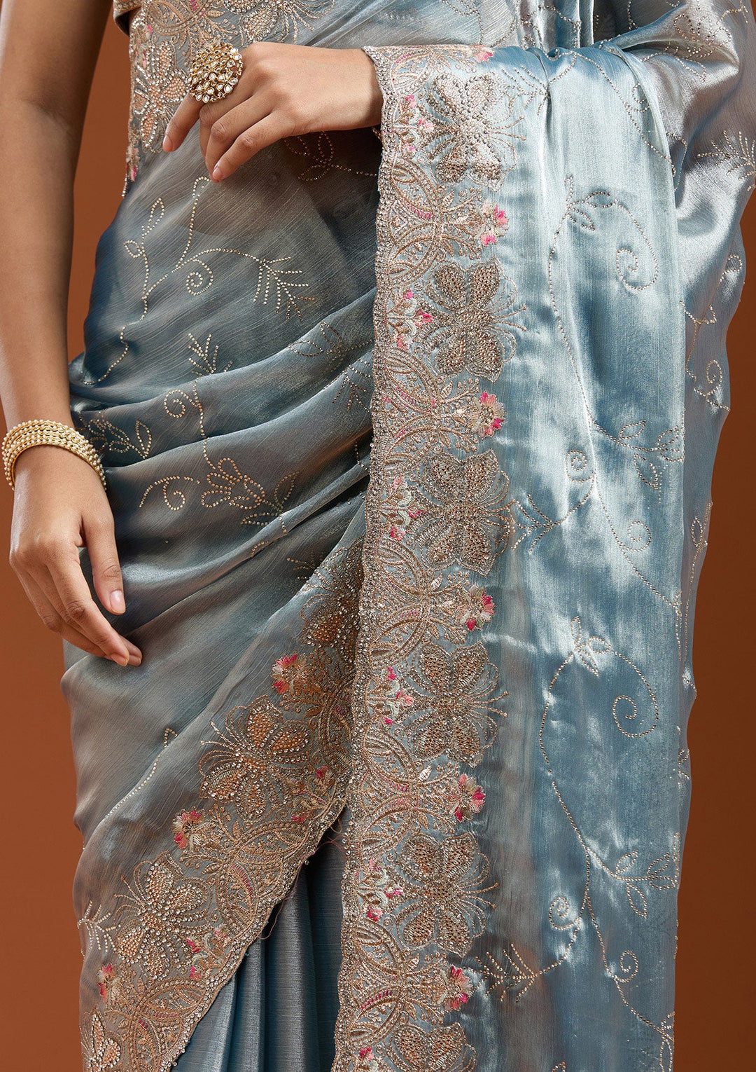 Grey Stonework (Gold) Organza Saree_koskii