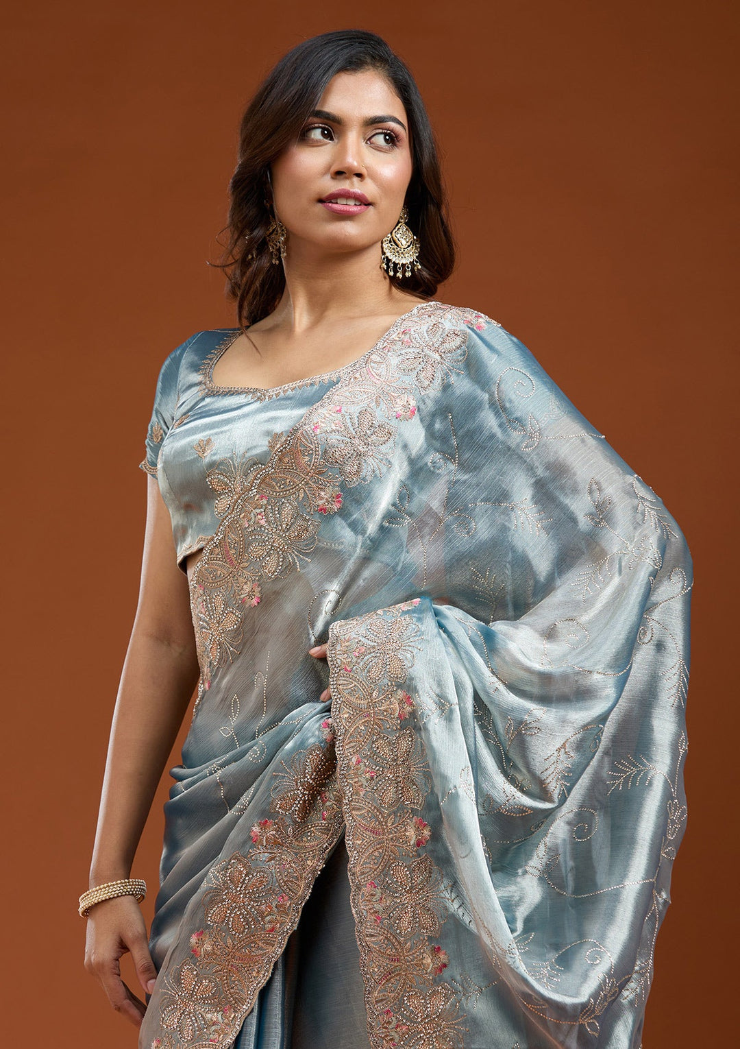 Grey Stonework (Gold) Organza Saree_koskii