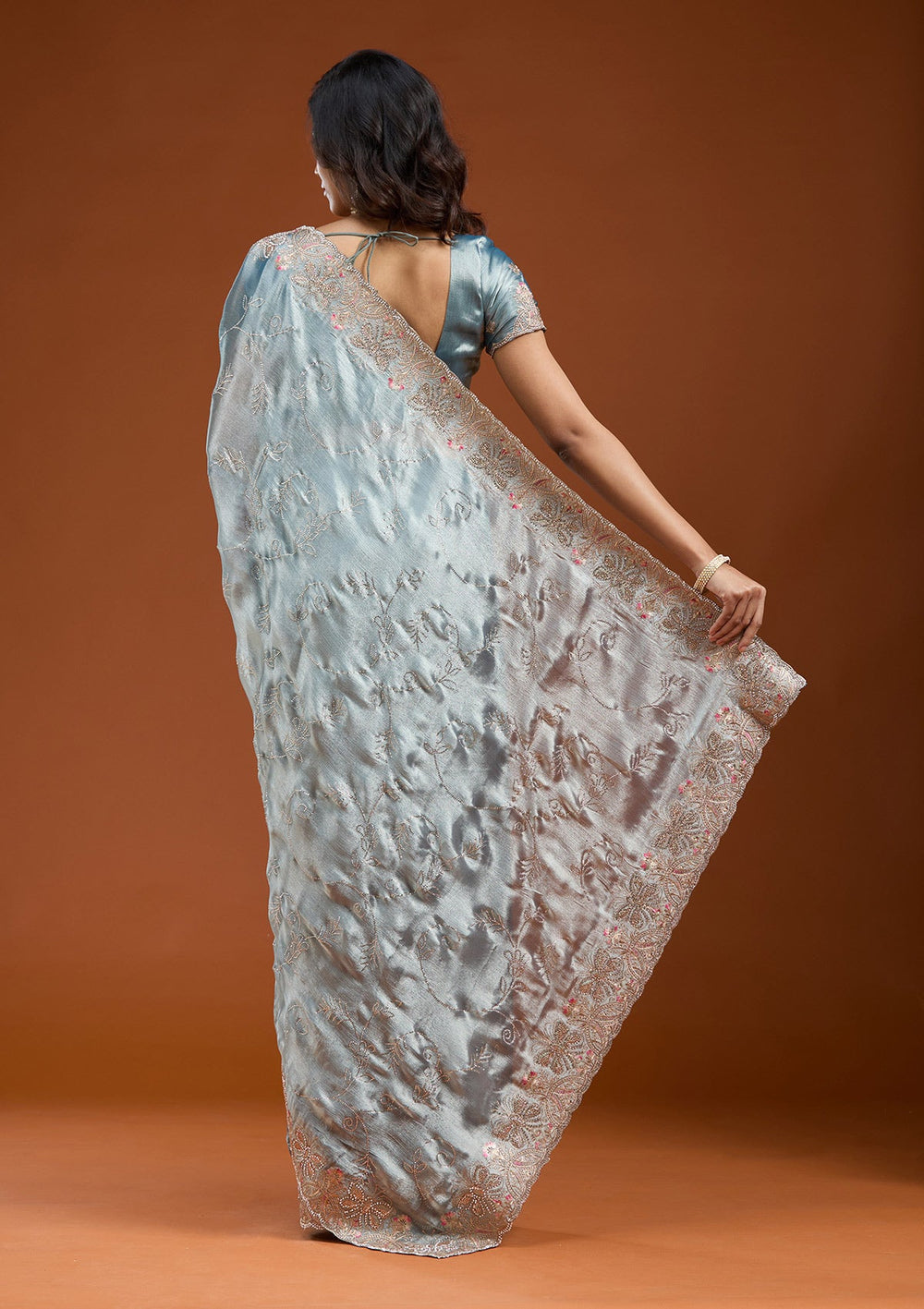 Grey Stonework (Gold) Organza Saree_koskii