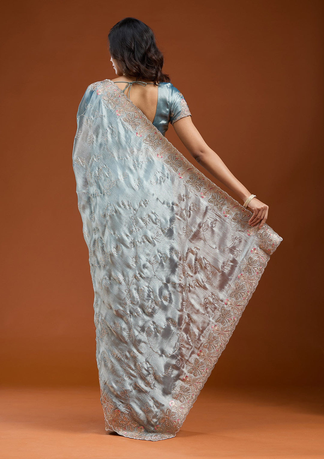 Grey Stonework (Gold) Organza Saree_koskii