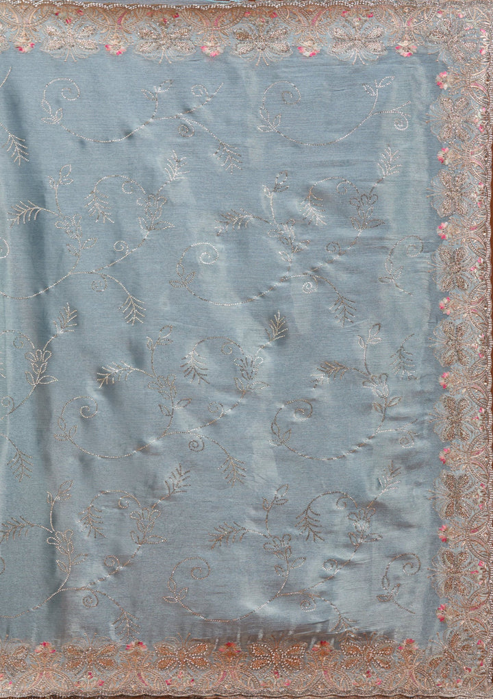 Grey Stonework (Gold) Organza Saree_koskii