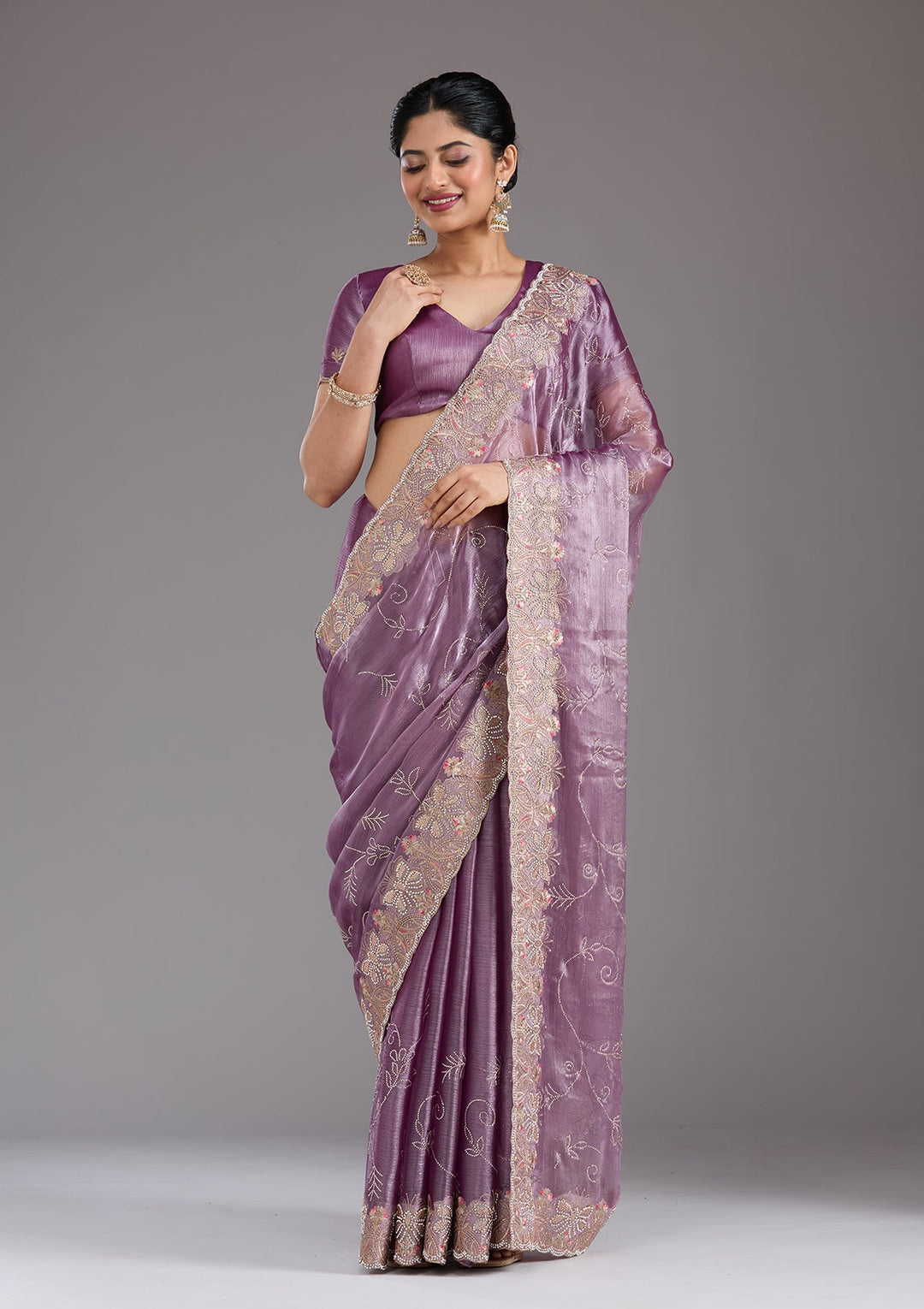 Lavender Stonework (Gold) Organza Saree_koskii