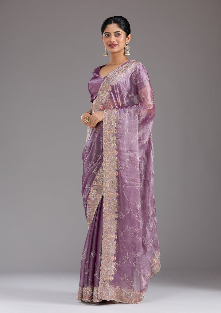 Lavender Stonework (Gold) Organza Saree_koskii