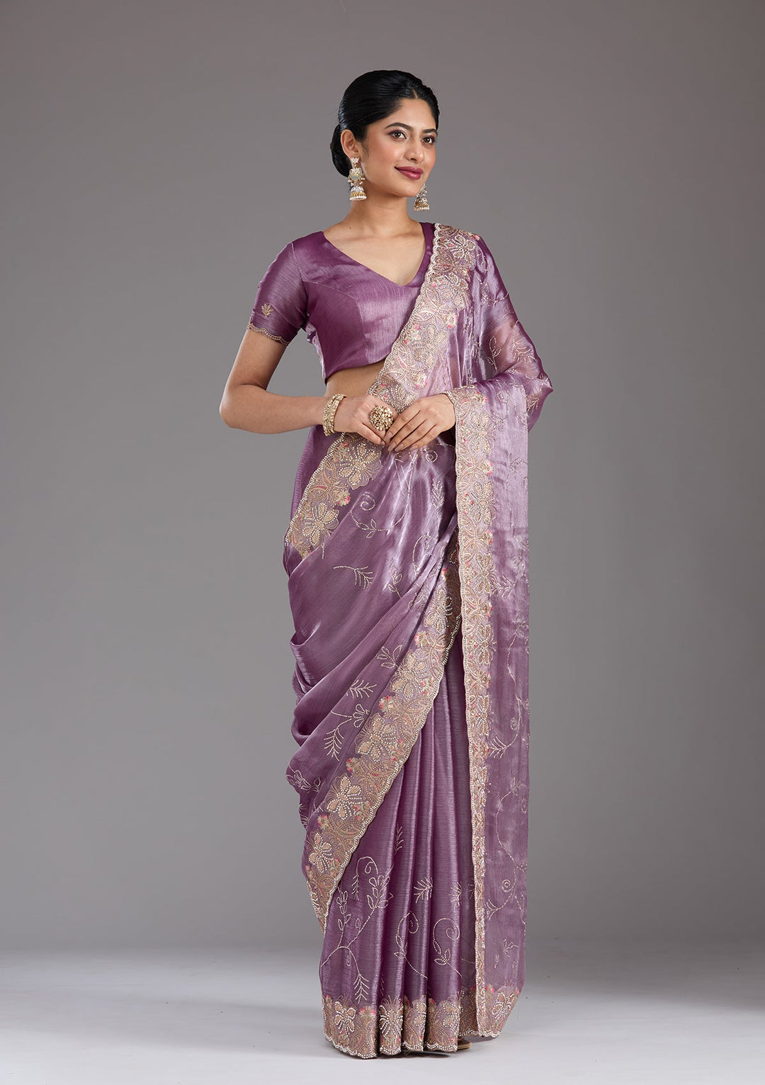 Lavender Stonework (Gold) Organza Saree_koskii