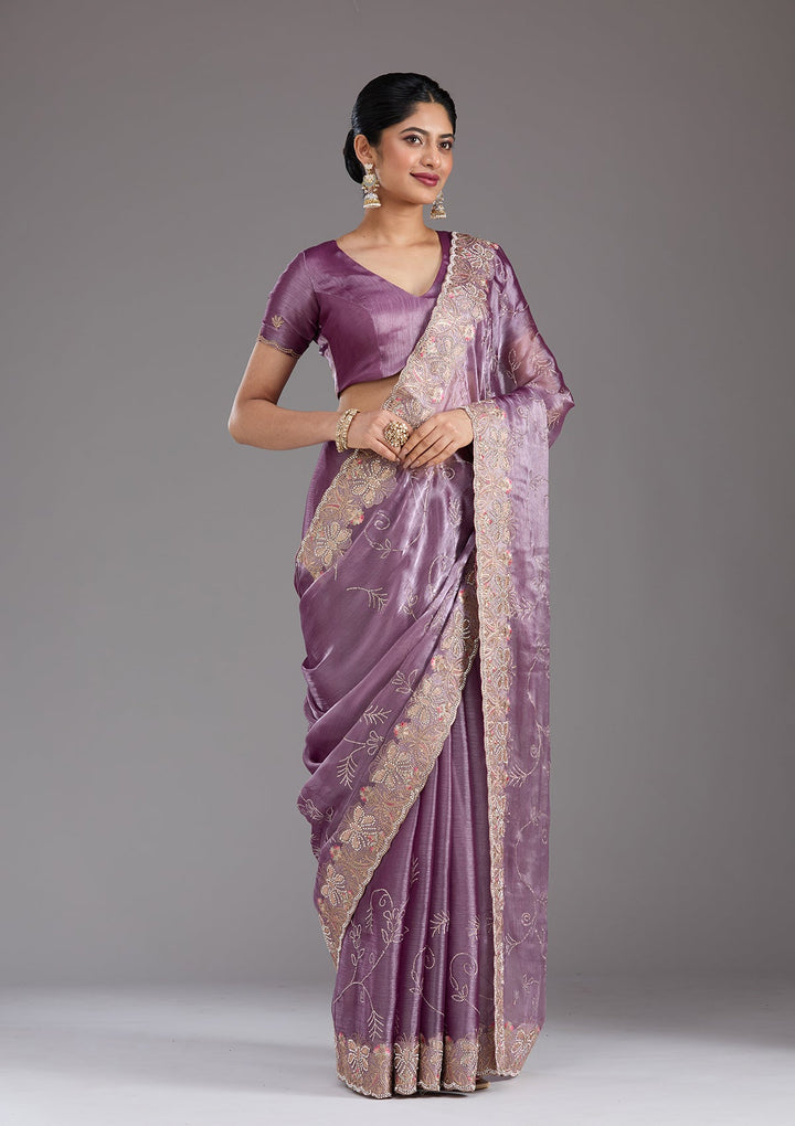 Lavender Stonework (Gold) Organza Saree_koskii