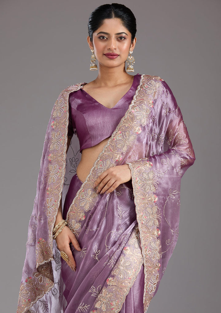 Lavender Stonework (Gold) Organza Saree_koskii