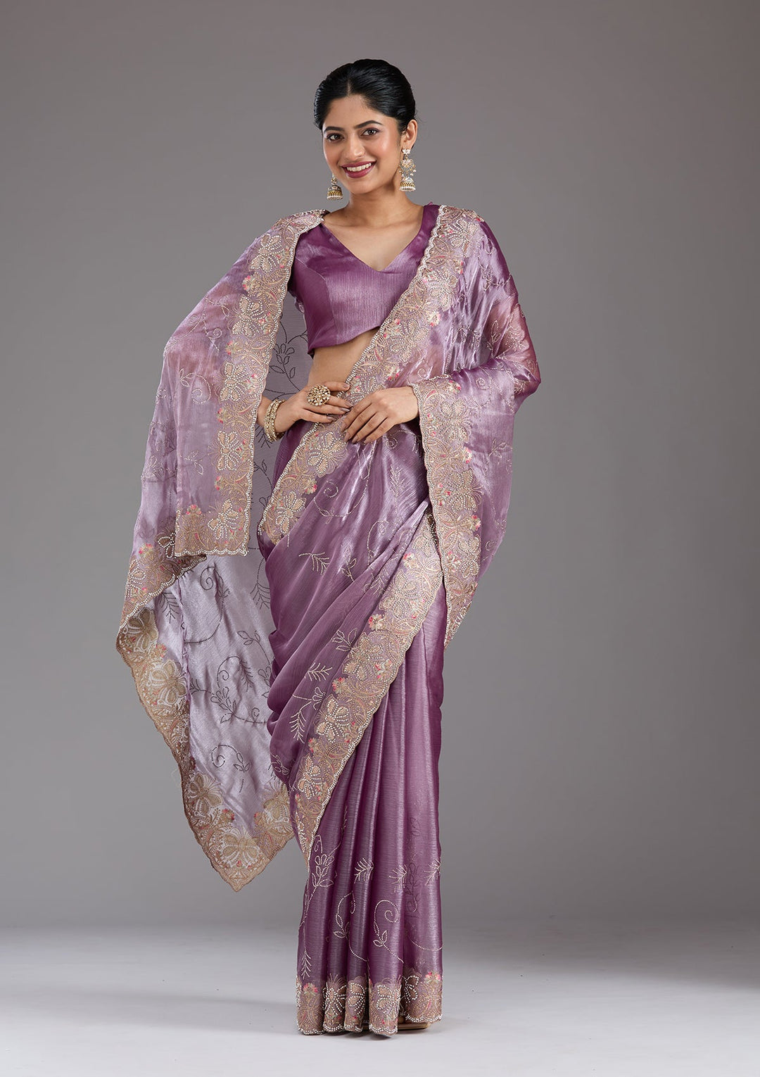 Lavender Stonework (Gold) Organza Saree_koskii