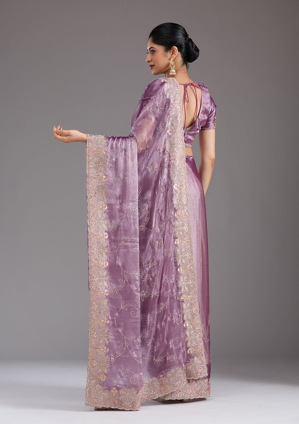 Lavender Stonework (Gold) Organza Saree_koskii